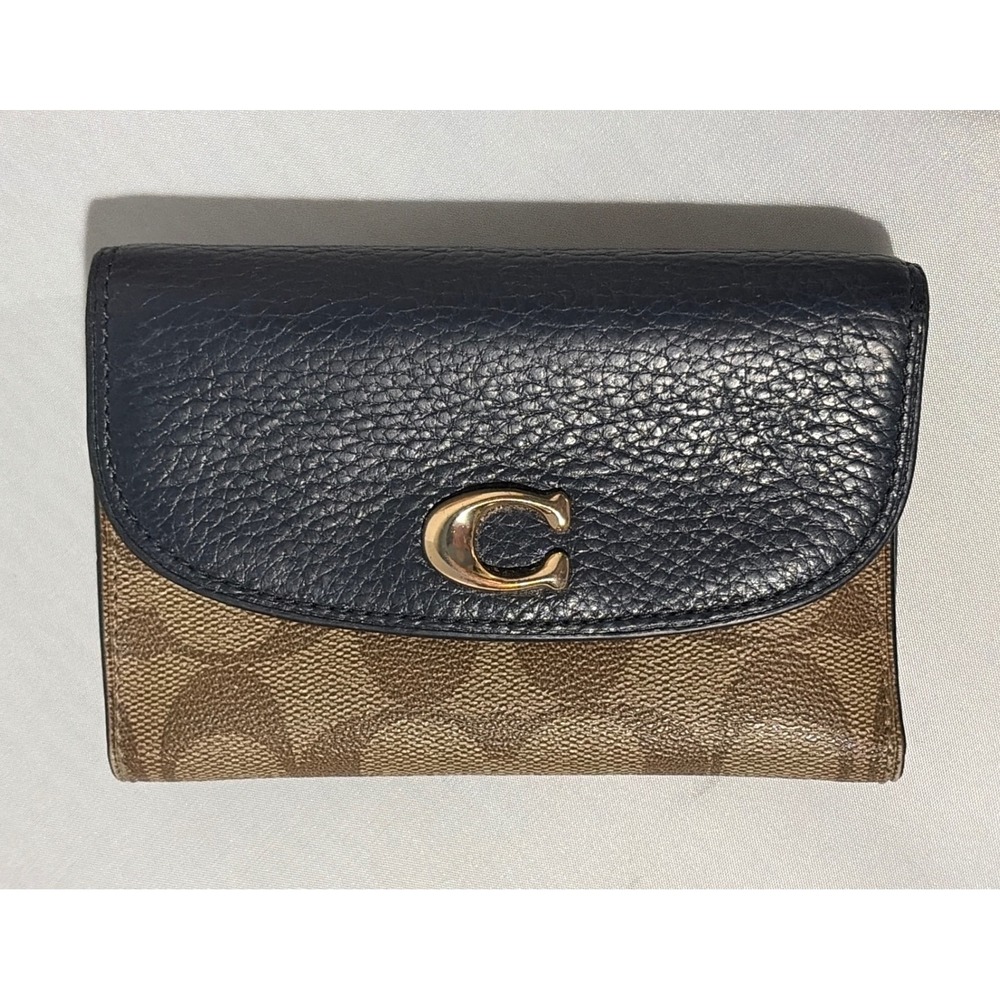 Coach Wyn Small Wallet Signature Canvas Pebbled Leather Navy Khaki C Logo